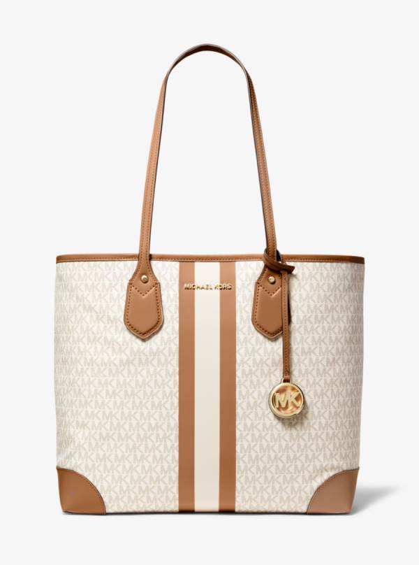 Damske Prenosná Taška Michael Kors Eva Large Logo Stripe Hnedožltý Hnede - Kabelky Michael Kors Sleva | NCGZH-2165